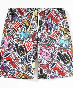 Quick drying Knee length beach shorts cartoon characters beverage cups print