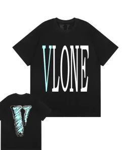Vlone Staple Light Blue Sketch Stripes Big V Logo Black Tee