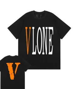 Vlone Staple Orange Big V Logo Black Tee