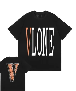 Vlone Staple Orange Sketch Stripes Big V Logo Black Tee