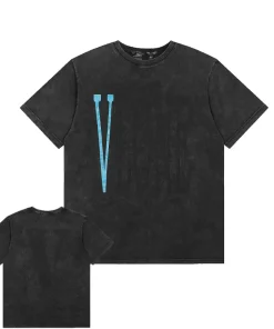 Vlone Staple Retro Blue Big V Logo Washed Black Tee